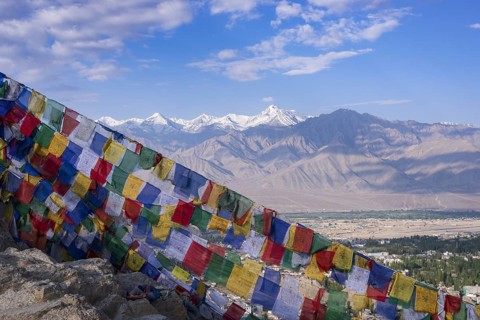 Panorama from Tsenmo hill over Leh and the Indus valley to Stok Kangri, 6153m, Ladakh, Jammu and