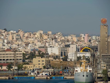 Overview of a harbour with many buildings, skyscrapers and industrial plants, Ancient buildings
