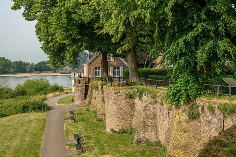 An old house on a river bank with garden and green trees, wall in the foreground, summer ambience,