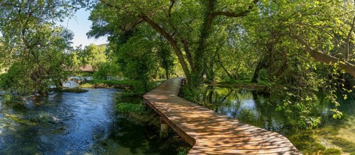 Wooden footbridge in Krka National Park, Krka Waterfalls, Dalmatia, Croatia, Europe