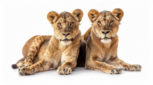 Two lionesses sit side by side, indicating strong bond, symmetry, and vigilance, AI generated