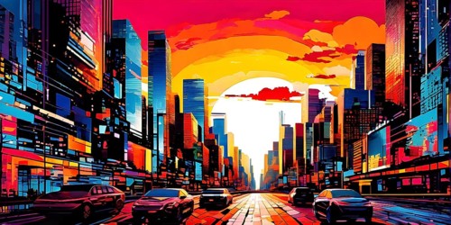 Urban cityscape collage featuring a mosaic of vibrant colors, AI generated
