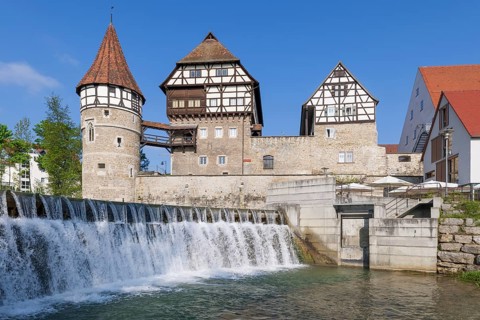 Zollernschloss Balingen on the Eyach, weir, barrage, Balingen, Baden-Wuerttemberg, Germany, Europe