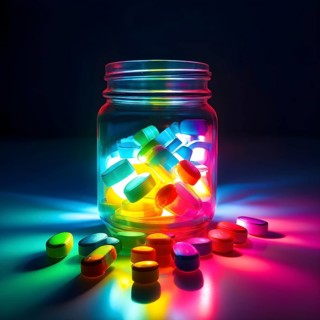 Glass bottle filled with assorted colored painkiller pills, AI generated