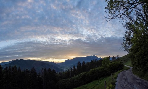 Sunset over the Eisenerz Alps, mountain massif Reiting, in the Liesingtal the village Traboch,