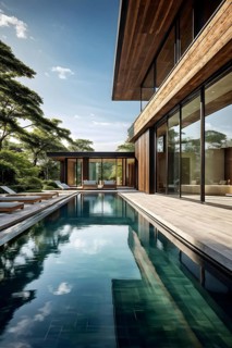 Luxurious wooden house with swimming pool reflecting the opulence of billionaires nestled in
