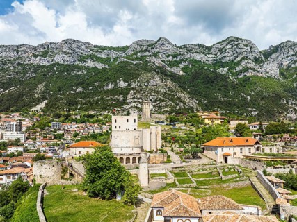 Kruje and Mount Kruje from a drone, Ishem River, Albania, Europe