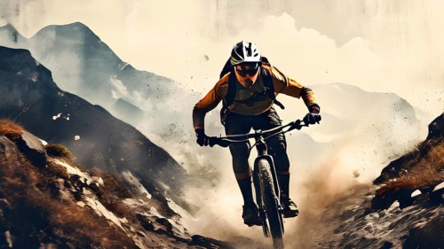 Vintage grungy poster of mountain bike cyclist with mountain background, AI generated