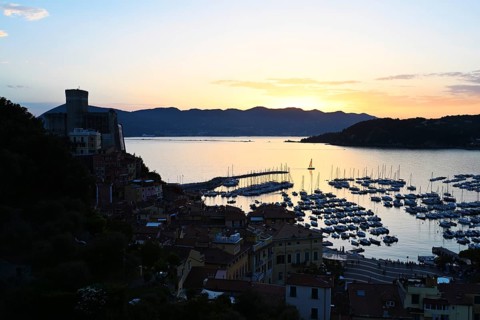 Panorama of evening Lerici at sunset, Ligurian sea, Liguria, Italy, Europe