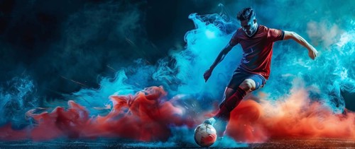 Soccer football forward player jumping and attacking the field for goal, AI generated