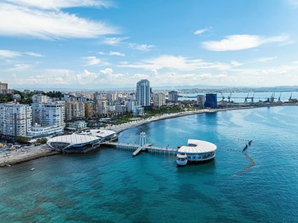 Pier and Promenade in Durres from a drone, Adriatic Sea, Albania, Europe