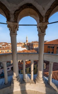 View of houses in Venice with campanile from the tower of Palazzo Contarini del Bovolo, palace with