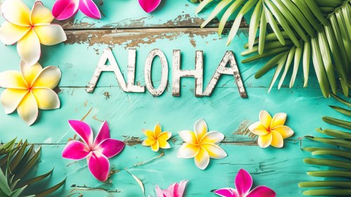 Flat lay style of Hawaiian concept on seafoam green rusty wooden background, AI generated
