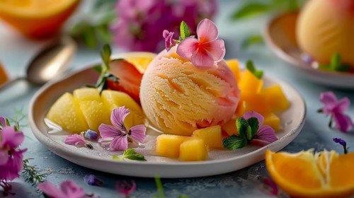 Plate of fruit and ice cream garnished with flowers and mint, AI generated
