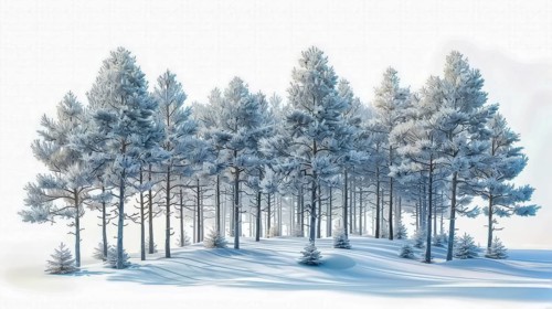A forest of snowy trees in a winter setting, with a serene and cold atmosphere, depicted in