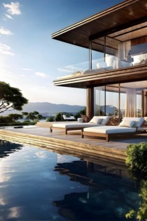 Luxurious wooden house with swimming pool reflecting the opulence of billionaires nestled in
