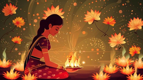A woman in traditional clothing holds oil lamps, surrounded by lotus flowers at night, AI generated