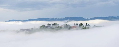 Morning fog over the village Frauenberg, panoramic picture, view from the Silberberg, near