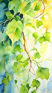 Abstract digital painting embodying sustainability with intertwining leaves glisten with water