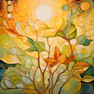Abstract digital painting embodying sustainability with intertwining leaves glisten with water