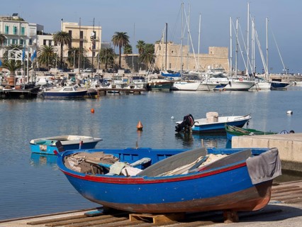 Harbour with fishing boats and sailing boats in the water, palm trees and buildings in the