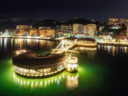 Pier and Promenade in Durres from a drone at night, Adriatic Sea, Albania, Europe