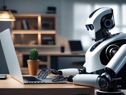 Android, robot writing on a laptop in the home office, symbolic image artificial intelligence