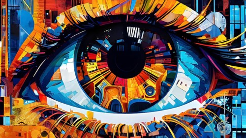 Illustration mosaic collage of an abstract detailed eye morphing into urban cityscape, AI generated