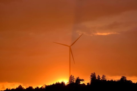 Silhouette of a wind turbine against an orange sunset sky with trees in the foreground, Upper