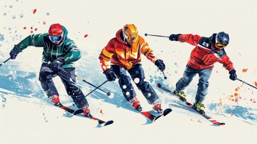 Three skiers in colorful jackets race downhill against a snowy backdrop amid dynamic splashes of