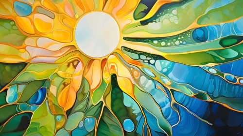 Abstract digital painting embodying sustainability with intertwining leaves glisten with water