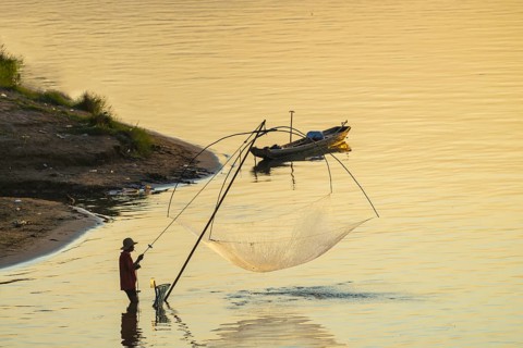 Fisherman with a sinking net at sunset on the Mekong, Luang Prabang, Laos, Asia