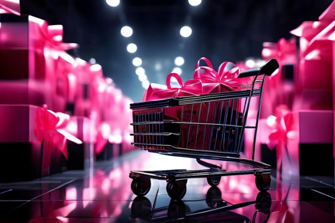Black friday shopping cart brimming with black gift boxes tied with pink ribbons against a dark