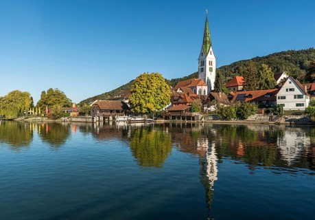 Lakeshore with the parish church of St Martin, Sipplingen, Baden-Wuerttemberg, Germany, Europe