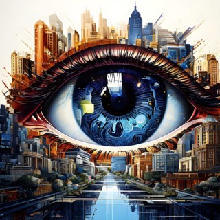 Illustration mosaic collage of an abstract detailed eye morphing into urban cityscape, AI generated