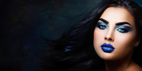 Side view portrait of a woman with blue lips and cyan eye shadow, AI generated
