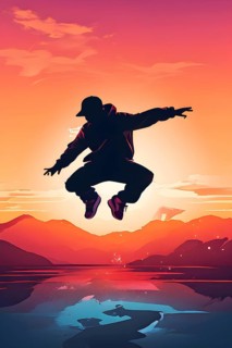 Illustration of a breakdancer silhouette in calm harmony bathed in the breathtaking palette of a