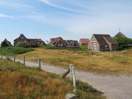 Rural scene with several brick houses in the background and a path through a meadow, Baltrum