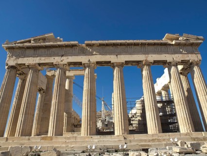 The Parthenon temple on the Acropolis in Athens, an ancient Greek building with imposing columns