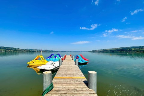 A jetty leads to several colourful pedal boats on a calm lake under a clear summer sky, Sempach,