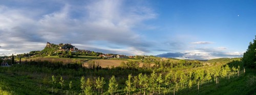 Farmland, Riegersburg Castle in the background, panoramic view, near Riegersburg, Styria, Austria,