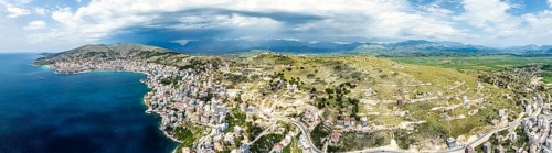Panorama of Saranda from a drone, Albanian Riviera, Albania, Europe