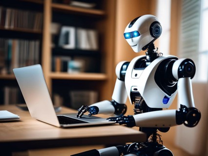 Android, robot writing on a laptop in the home office, symbolic image artificial intelligence