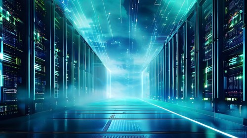 Server racks aligned in rows within a cloud computing data center background and data streams