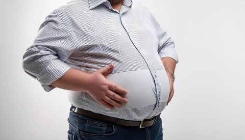 Overweight, A man in a shirt touches his round fat belly, AI generated, AI generated