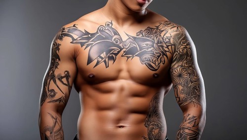 Muscular man with large black tribal tattoos on chest and arms, Asian art motifs, AI generated, AI