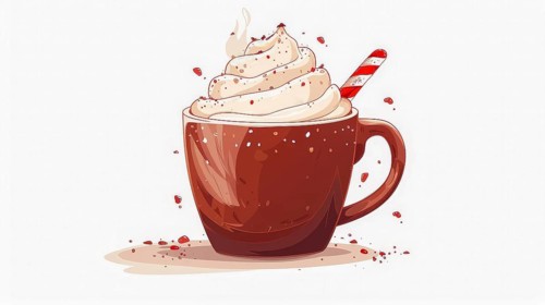 Cup filled with chocolate drink topped with whipped cream and a candy cane straw in a cozy digital