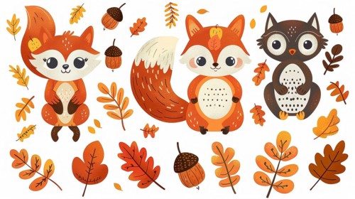 Cute baby foxes and an owl with acorns and autumn leaves creating a playful fall scene, AI