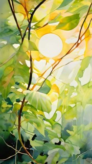 Abstract digital painting embodying sustainability with intertwining leaves glisten with water