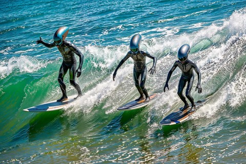 Aliens, three surfers in spacesuits visit earth to surf and ride synchronised on a green wave, AI